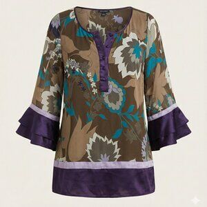 Escada Silk Floral Paisley Bell Sleeve Blouse Purple Brown Size 44 (US 14)